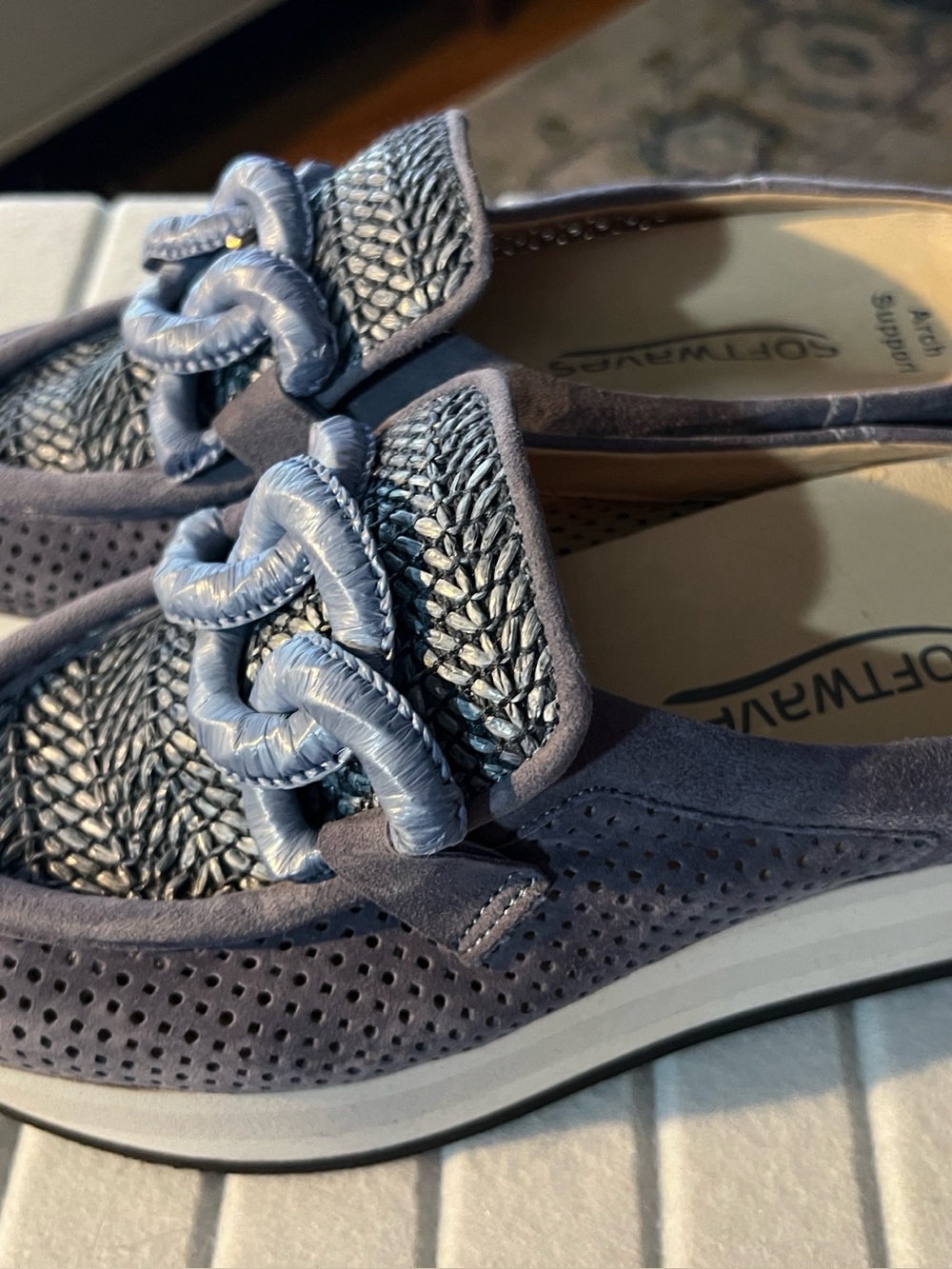 Softwaves Cassie Chain Perforated Suede Platform Wedge Mules Blue Size 38 US 7.5